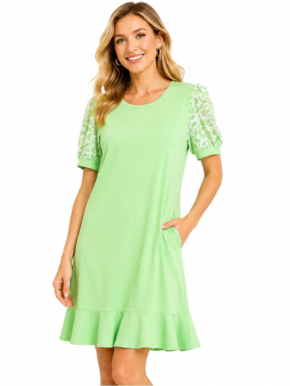 CeCe Mint Green Ruffle Hem Dress Leaf Puff Sleeve Shift Dress Size M NWT